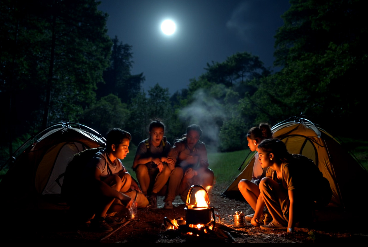 AI-generated concept art of a moonlit forest campfire scene