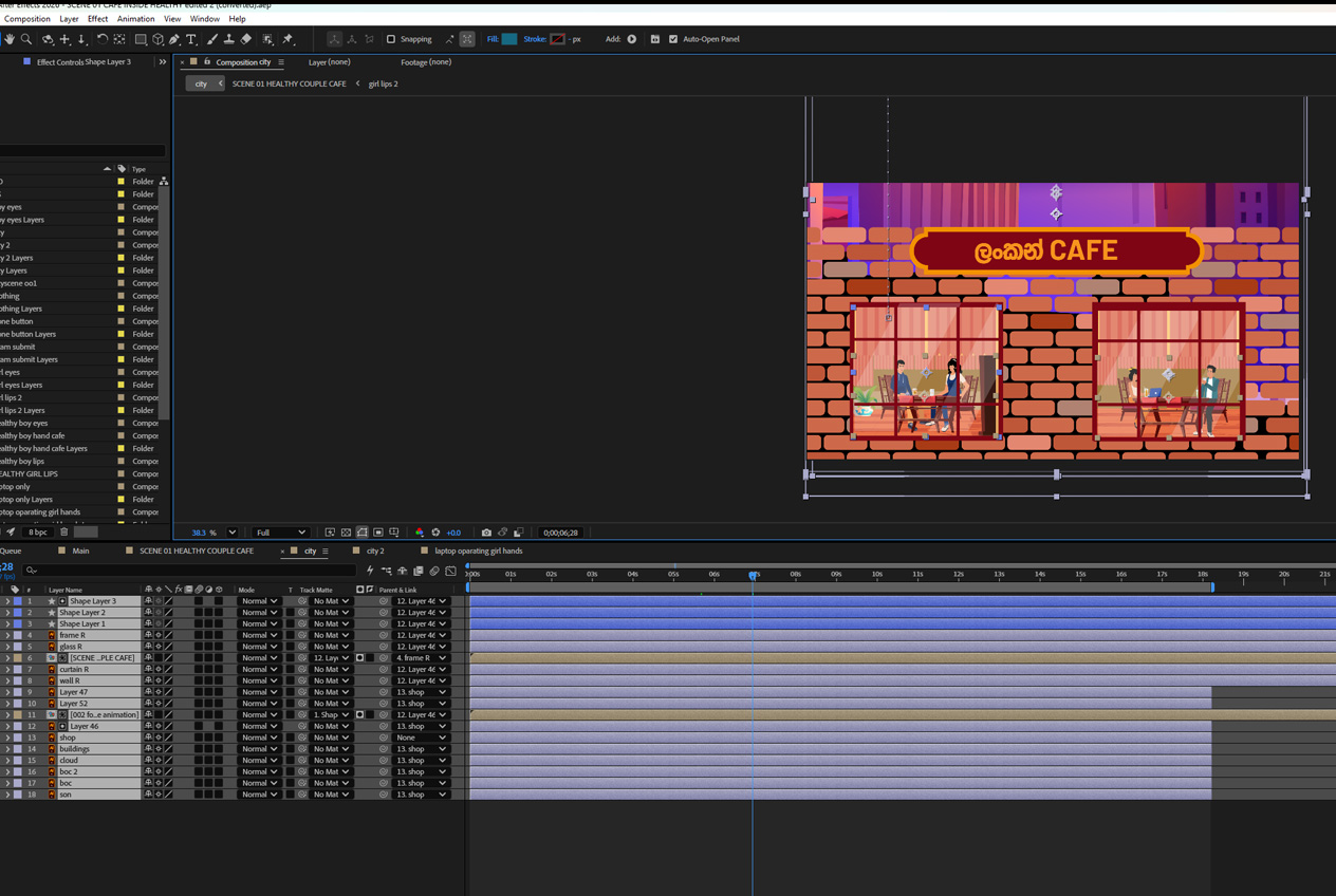 After Effects project file showing the layered animation build for a 2D cafe scene