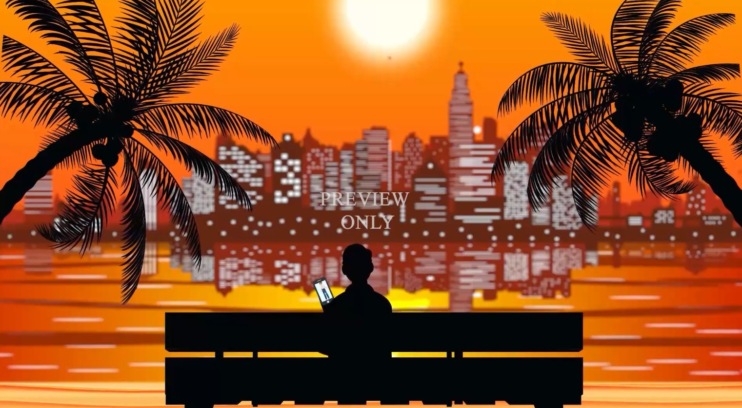 Opening scene: a young man on a park bench at sunset, checking his phone against a city skyline