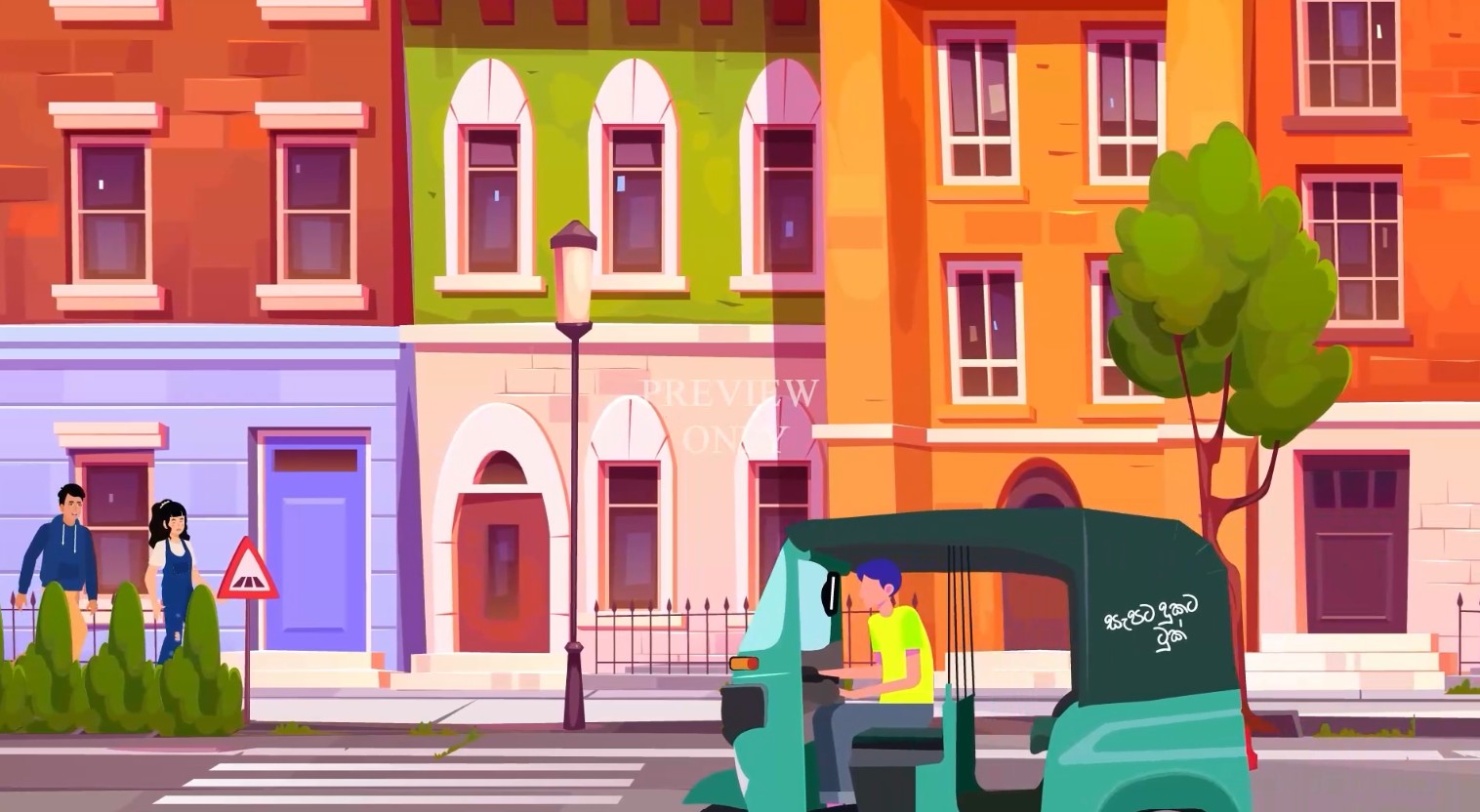 Animated neighbourhood street scene with a three-wheeler and pedestrians